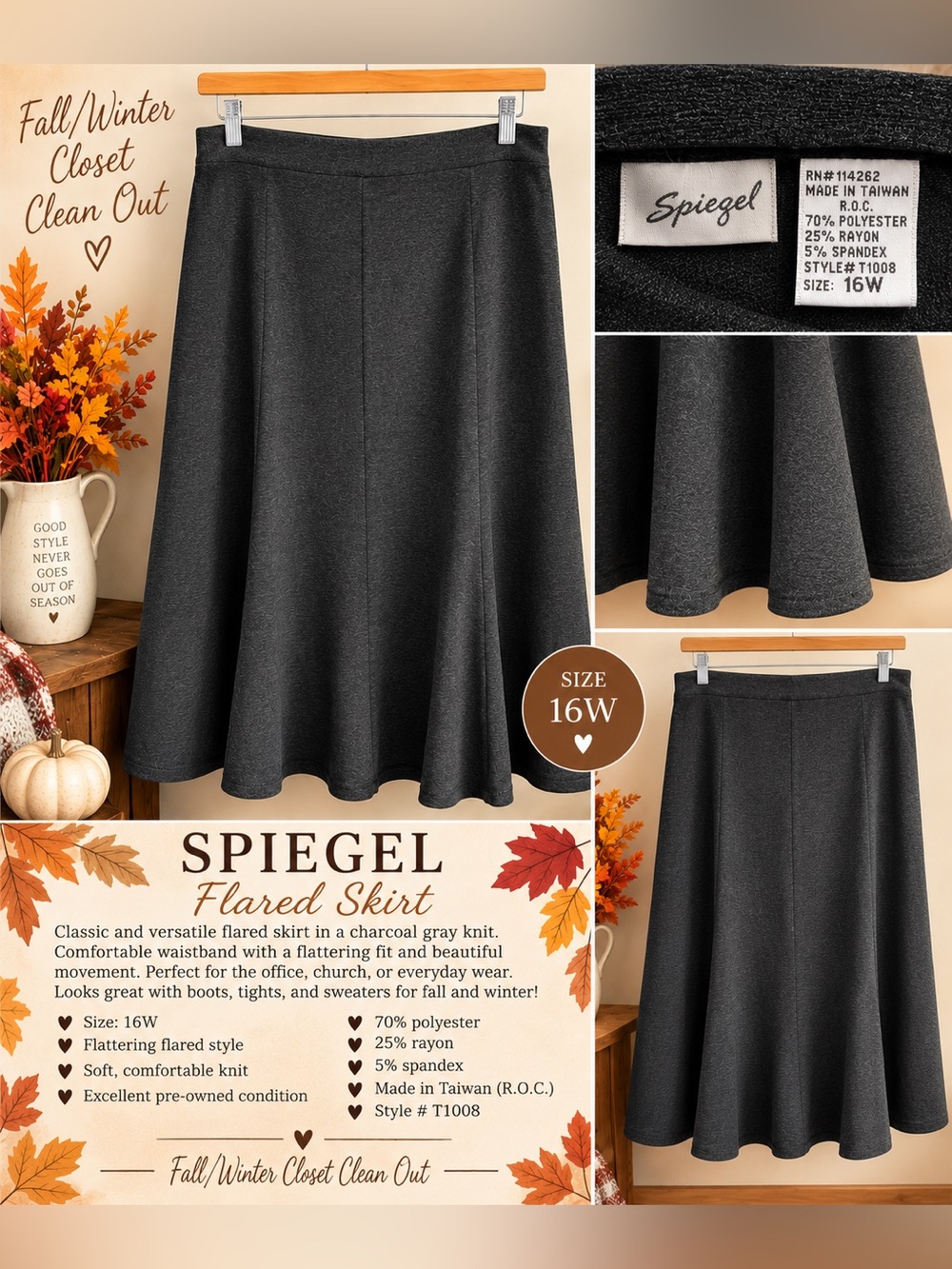 Spiegel Charcoal Gray A-Line Flared Knit Skirt